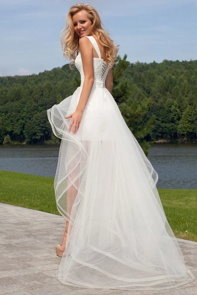 Beach Short Sweetheart Detachable Lace Wedding Dress With Tied Back