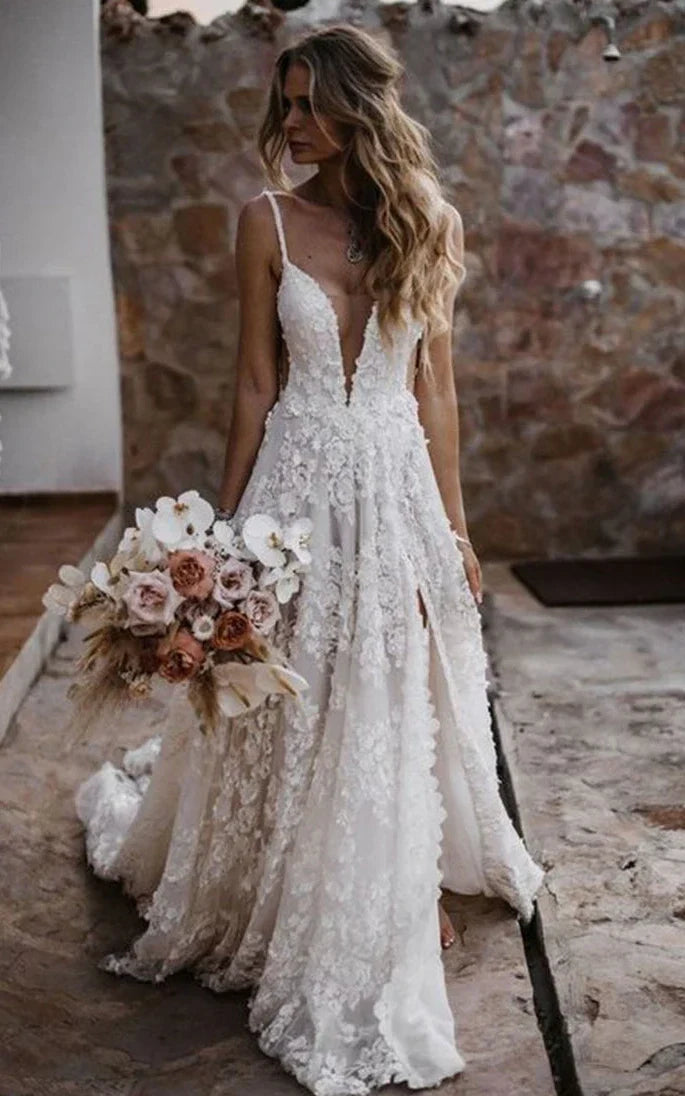 Ulla | Boho A-Line Lace Tulle Sleeveless Wedding Dress with slit Floral Train