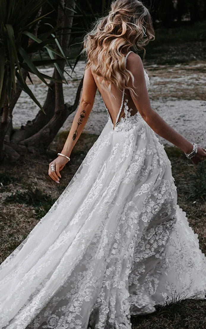 Ulla | Boho A-Line Lace Tulle Sleeveless Wedding Dress with slit Floral Train