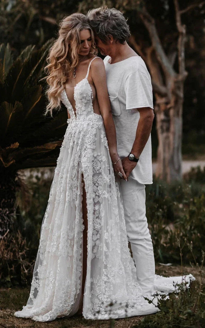 Ulla | Boho A-Line Lace Tulle Sleeveless Wedding Dress with slit Floral Train