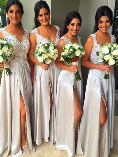 A-line Sweetheart Floor-Length Satin White Bridesmaid Dresses With Appliques