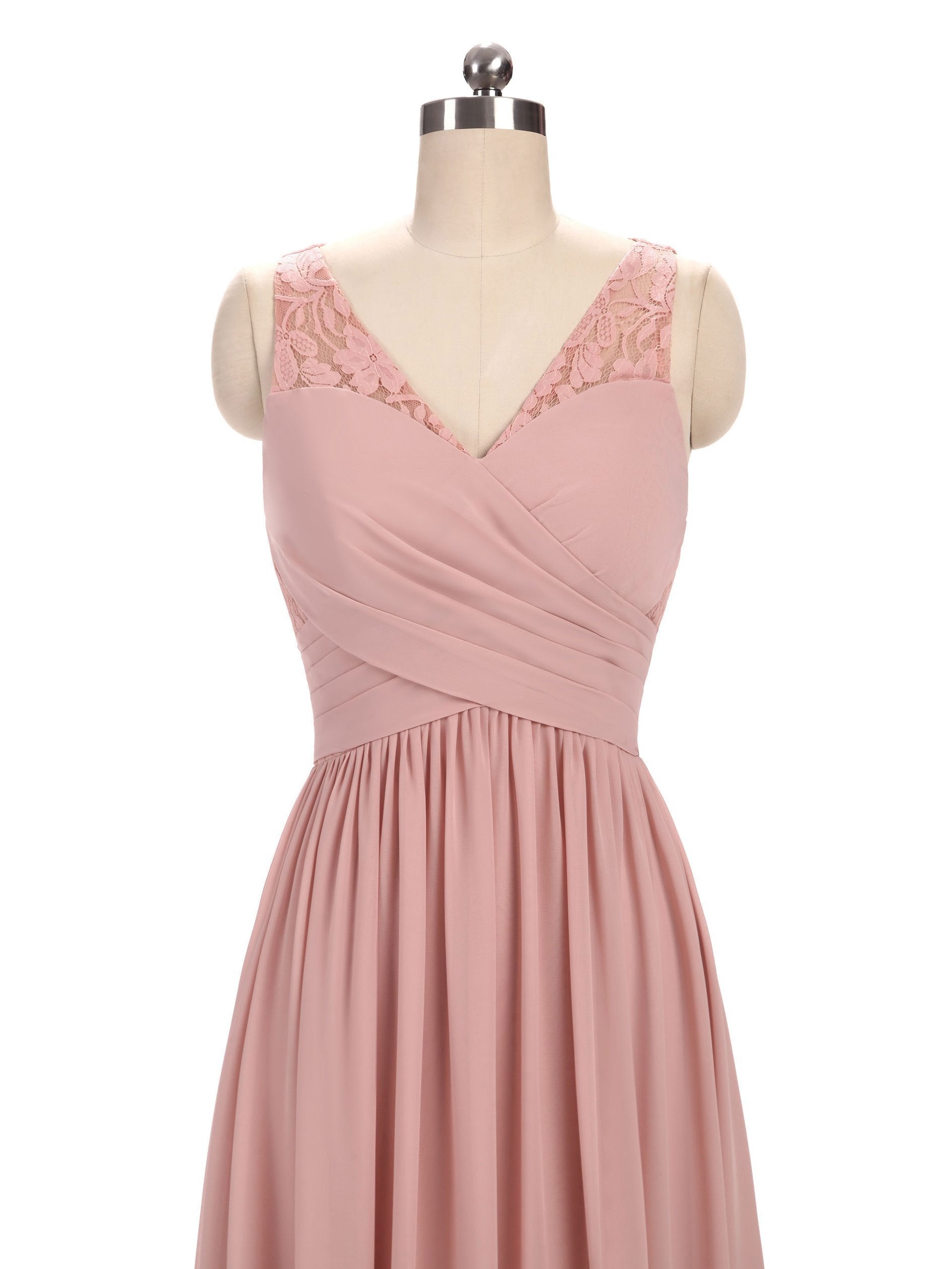 A-line V-Neck Floor-Length Chiffon Lace  Pink Bridesmaid Dresses