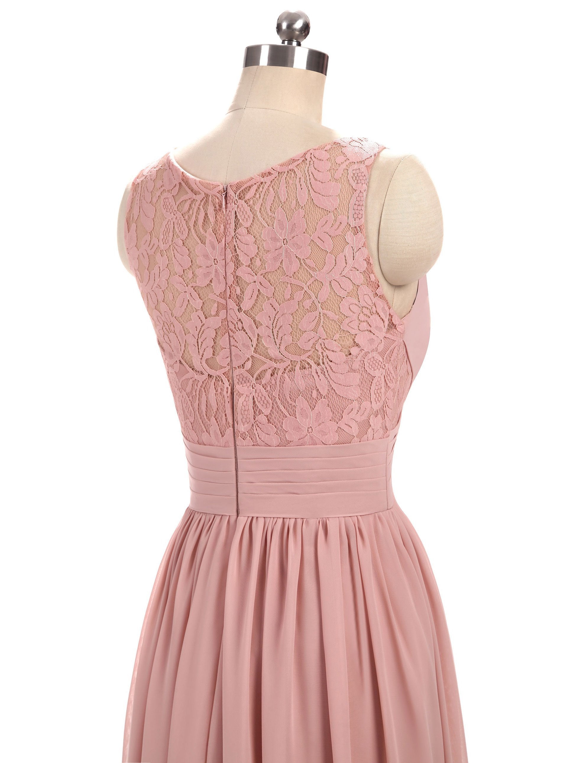 A-line V-Neck Floor-Length Chiffon Lace  Pink Bridesmaid Dresses