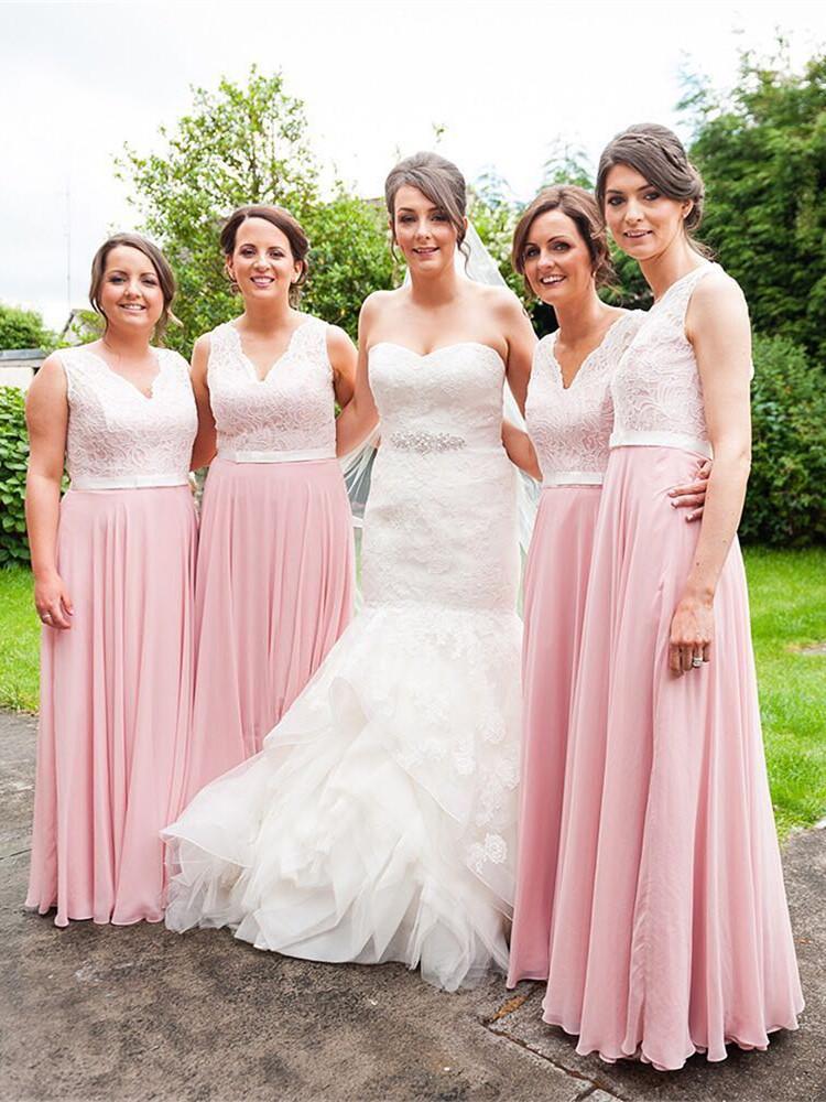 Chic Lace & Chiffon V-neck Neckline A-line Bridesmaid Dresses With Belt