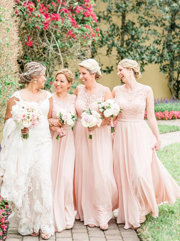 Exquisite Lace & Chiffon Scoop Neckline A-line Bridesmaid Dresses