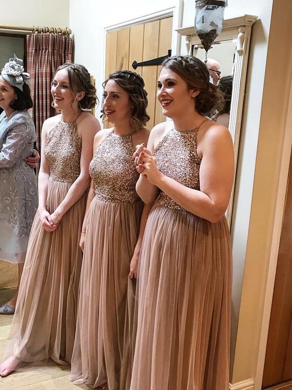 Gorgeous Tulle Jewel Neckline Floor-length A-line Bridesmaid Dresses With Beadings