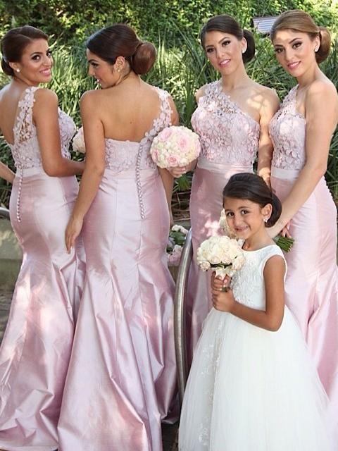 Mermaid Asymmetric Sweep Train Satin Appliqued Bridesmaid Dresses