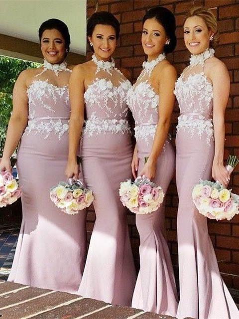 Mermaid Halter Floor-Length Satin Appliqued Bridesmaid Dresses