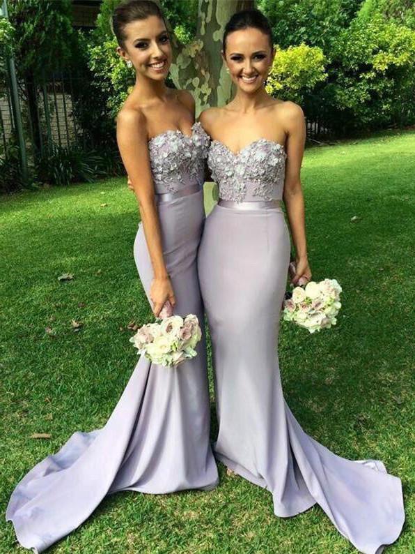 Mermaid Sweetheart Sweep Train Satin Appliqued Bridesmaid Dresses