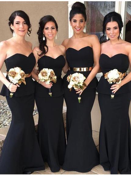 Mermaid Sweetheart Sweep Train Satin Simple Black Bridesmaid Dresses