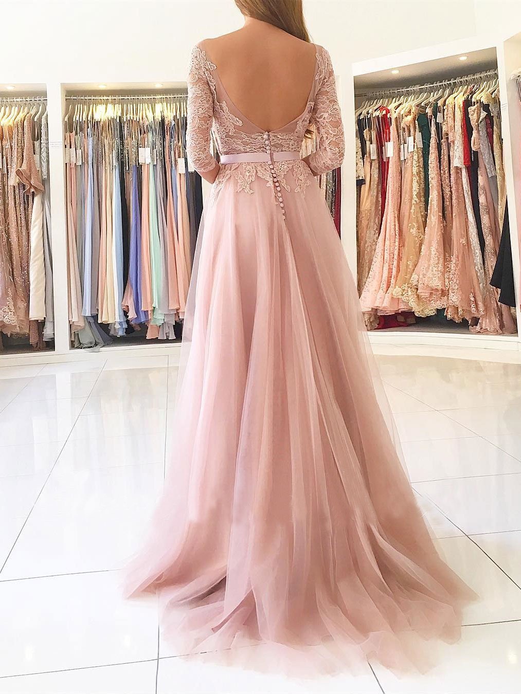 A-line Bateau Sweep Train Tulle Split Appliqued Prom Dresses