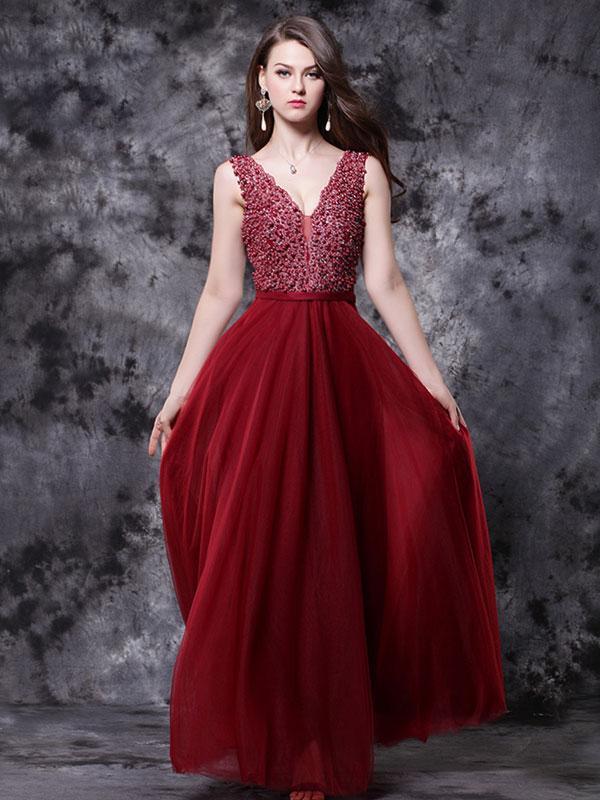 A-line Deep-V Floor-Length Chiffon Beaded Prom Dress