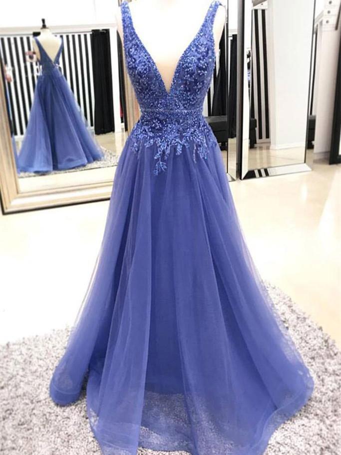 A-line Deep-V Floor-length Organza Prom Dresses With Beading