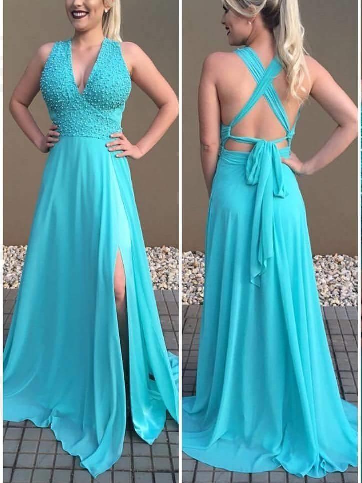 A-line Deep-V Sweep Train Chiffon  Beaded Elegant Prom Dresses