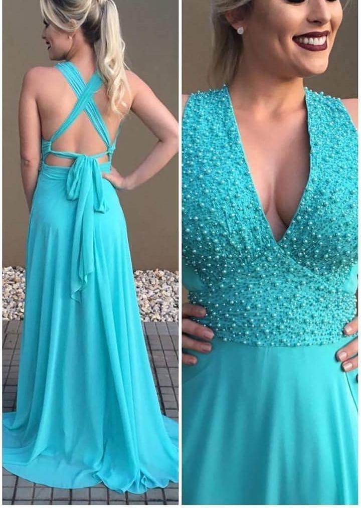 A-line Deep-V Sweep Train Chiffon  Beaded Elegant Prom Dresses