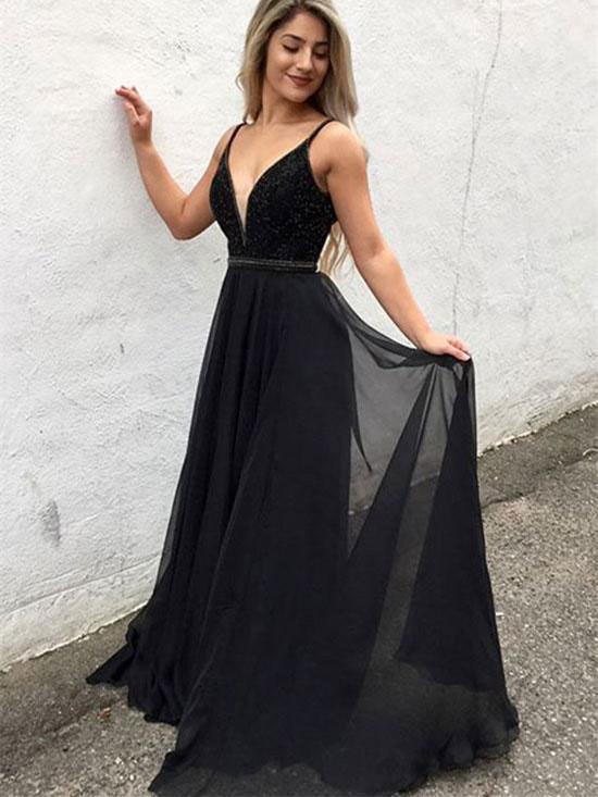 A-line Deep-V Sweep Train Rhine Stone Black Prom Dresses