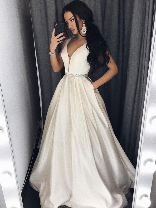 A-line Deep-V Sweep Train Satin Rhine Stone Prom Dress