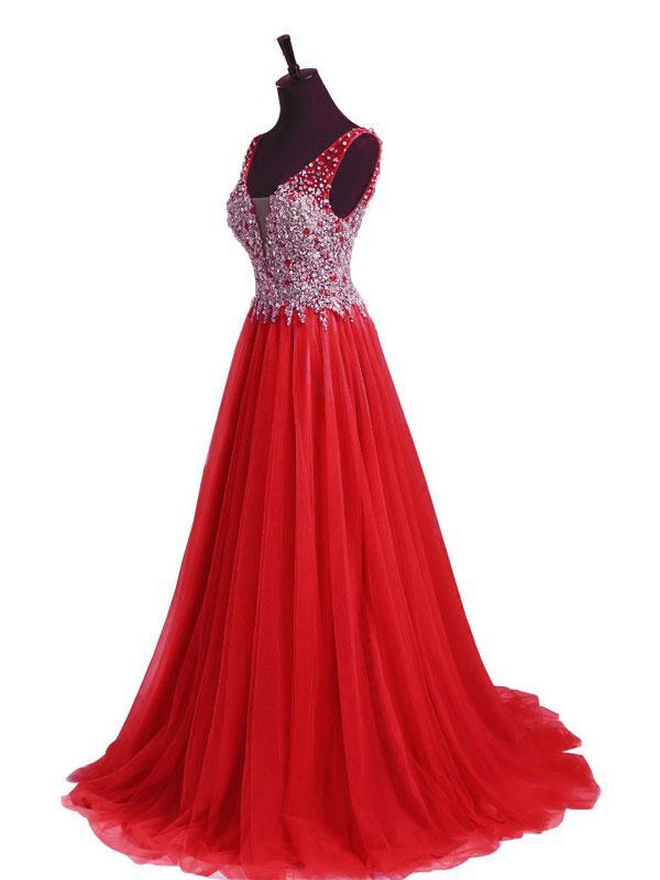 A-line Deep-V Sweep Train Tulle Beaded Sequined Red Prom Dress