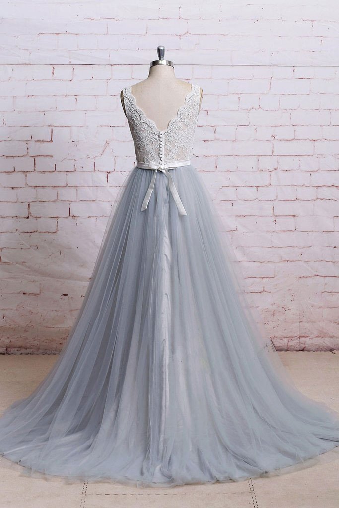 A-line Deep-V Sweep Train Tulle Lace Beaded Prom Dresses