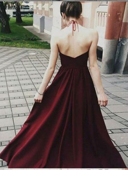 A-line Halter Floor-Length Satin Burgundy  Prom Dresses With Appliques