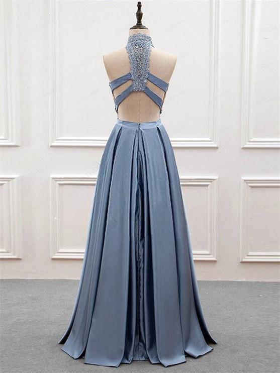 A-line Halter Floor-Length Satin Prom Dresses With Appliques