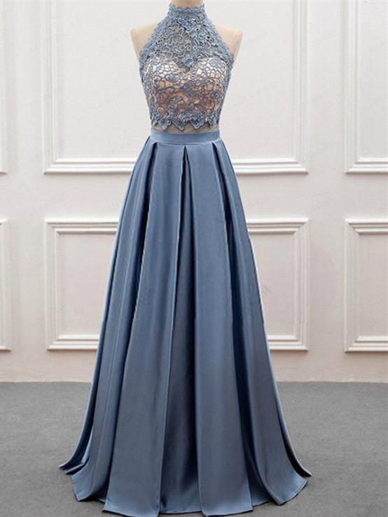 A-line Halter Floor-Length Satin Prom Dresses With Appliques