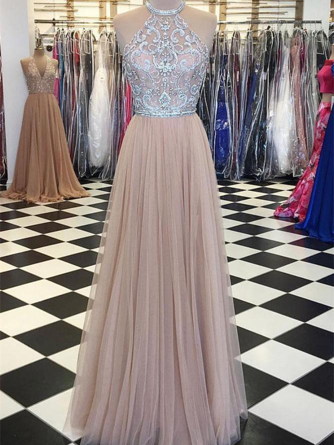 A-line Halter Floor-length Tulle Prom Dresses With Rhine Stones