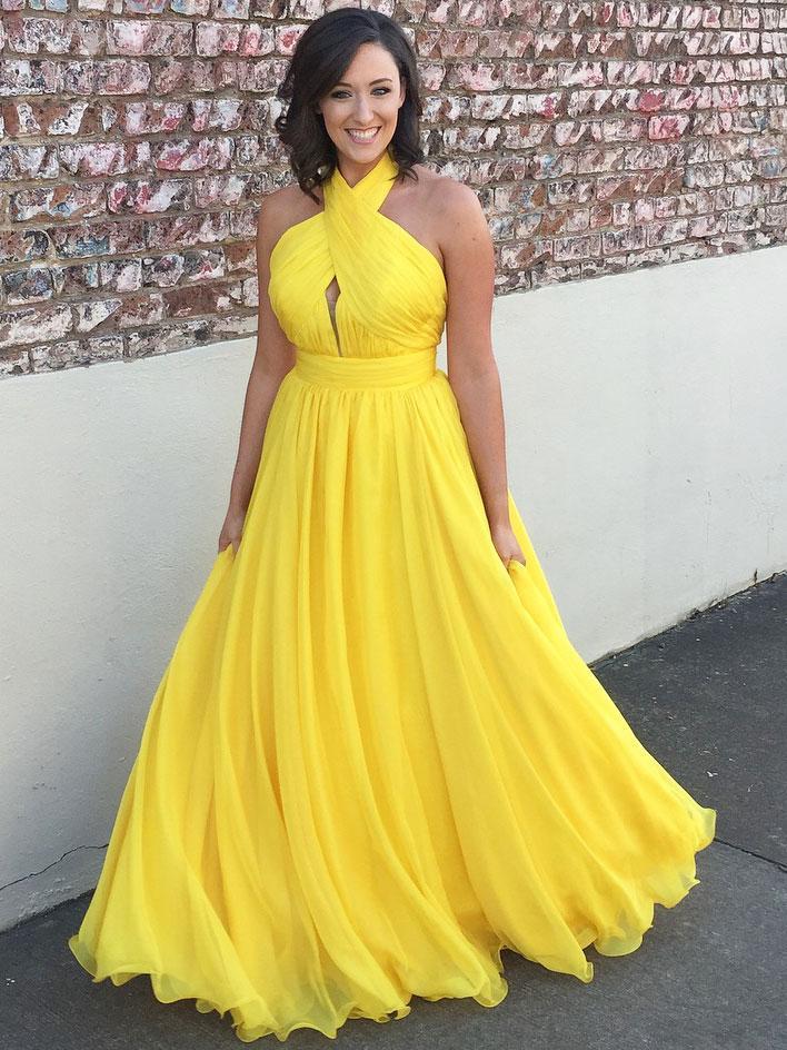 A-line Halter Sweep Train Chiffon Simple Yellow Prom Dress