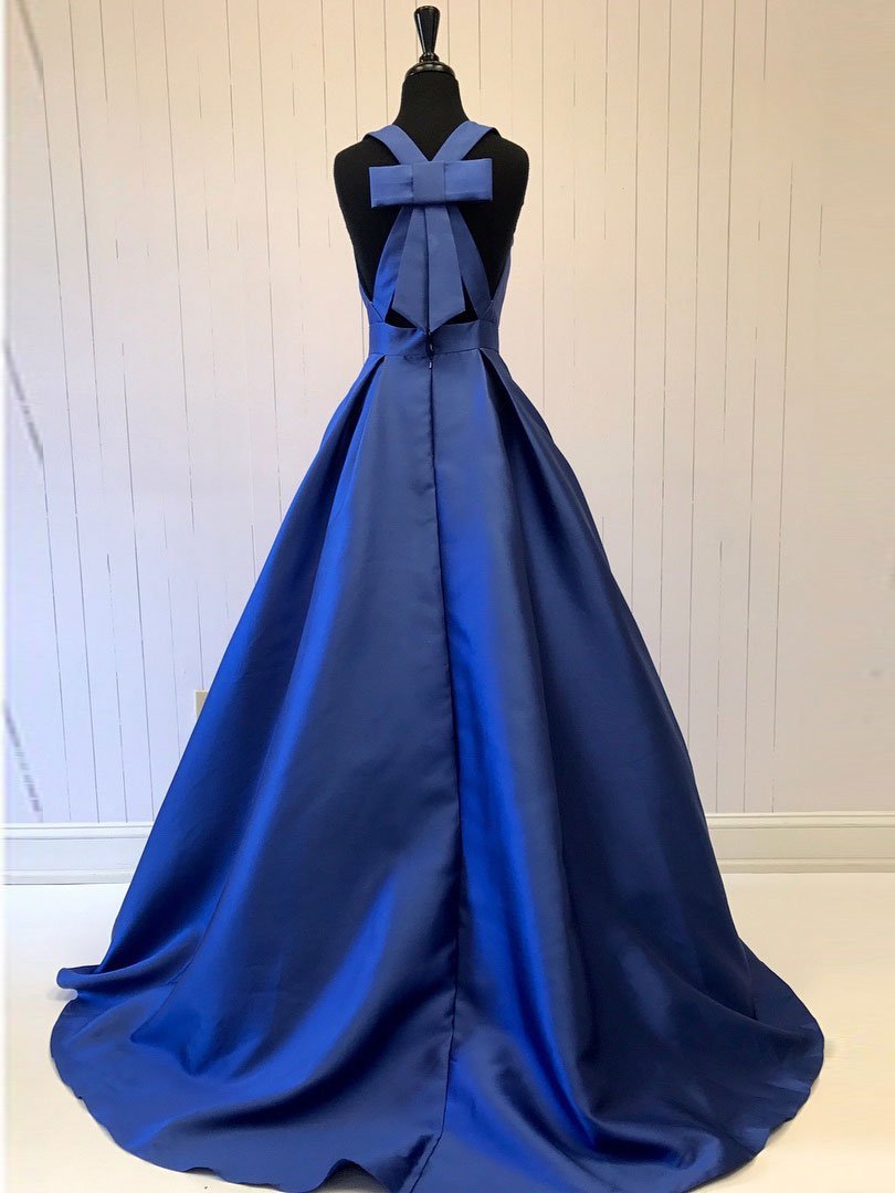 A-line Halter Sweep Train Satin Bow Prom Dress