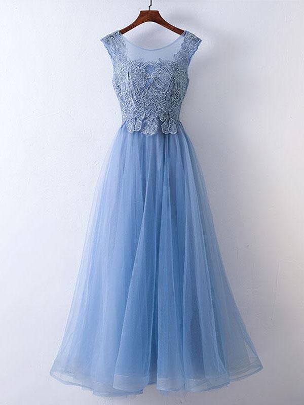 A-line Illusion Floor-Length Tulle Appliqued Rhine Stone Prom Dress