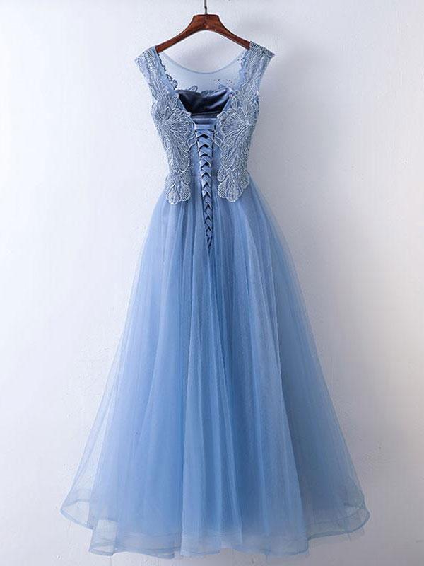 A-line Illusion Floor-Length Tulle Appliqued Rhine Stone Prom Dress