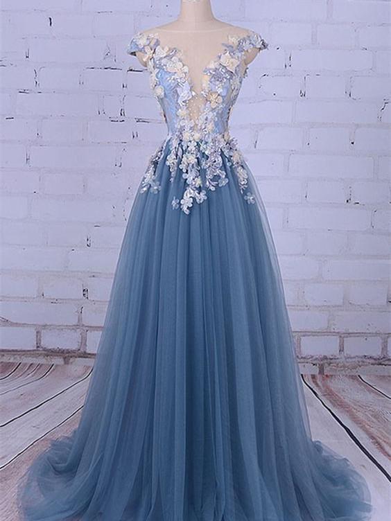 A-line Illusion Sweep Train Tulle Appliqued Beaded Prom Dresses