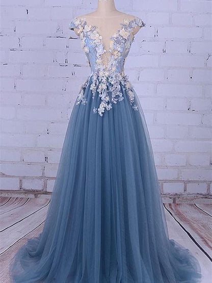 A-line Illusion Sweep Train Tulle Appliqued Beaded Prom Dresses