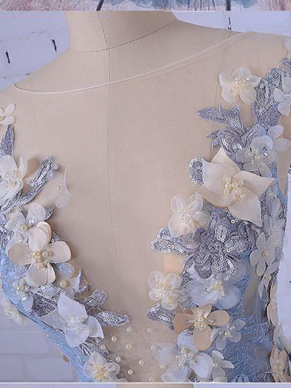 A-line Illusion Sweep Train Tulle Appliqued Beaded Prom Dresses