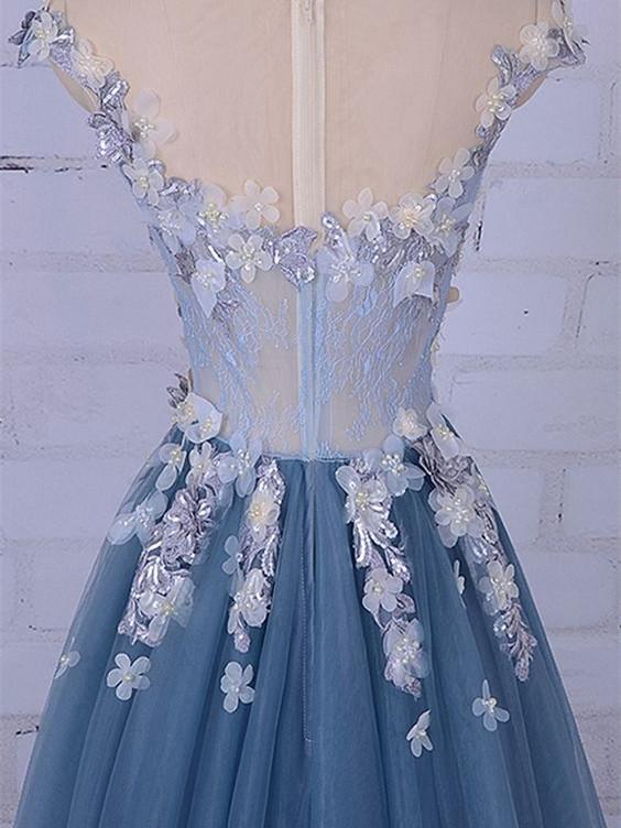 A-line Illusion Sweep Train Tulle Appliqued Beaded Prom Dresses