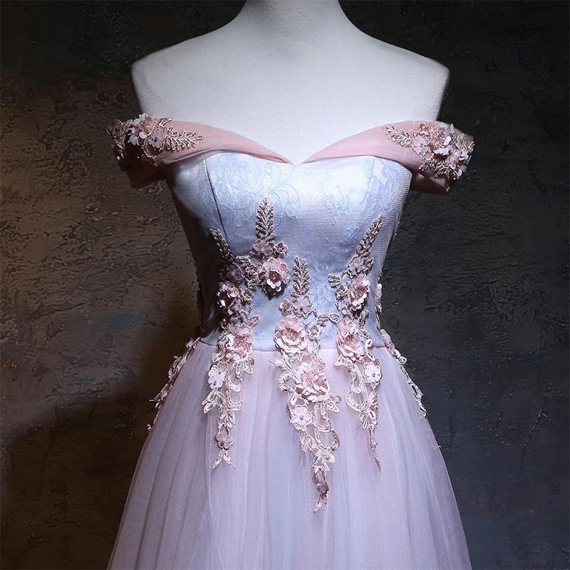 A-line Off-Shoulder Floor-Length Tulle Appliqued Beaded Prom Dresses