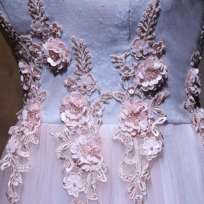 A-line Off-Shoulder Floor-Length Tulle Appliqued Beaded Prom Dresses