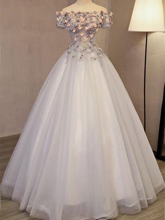 A-line Off-Shoulder Floor-Length Tulle Appliqued Beaded Prom Dresses