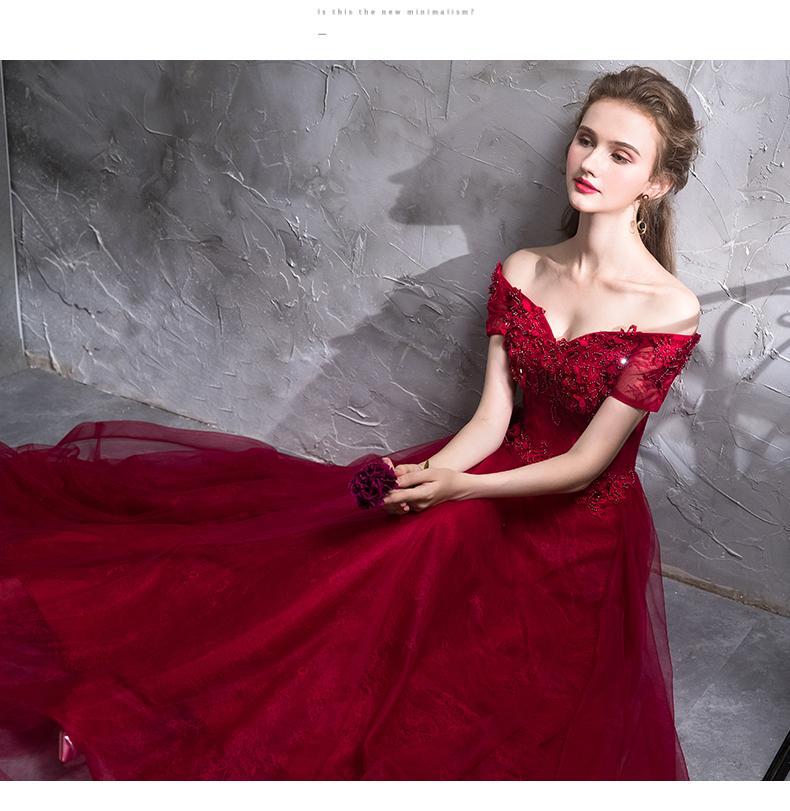 A-line Off-Shoulder Floor-Length Tulle Appliqued Beaded Red Prom Dresses