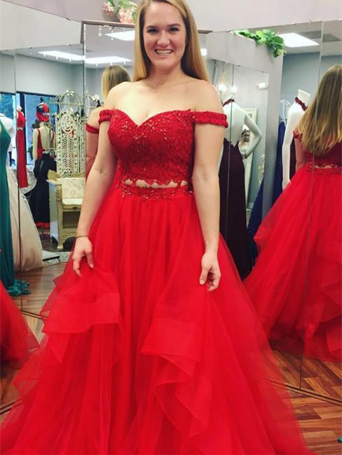 A-line Off-Shoulder Floor-Length Tulle Red Prom Dresses With Beading