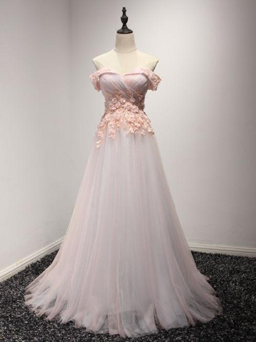 A-line Off-Shoulder Sweep Train Tulle Appliqued Beaded Prom Dresses