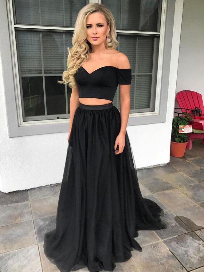 A-line Off-Shoulder Sweep Train Tulle Two Piece  Black Prom Dresses