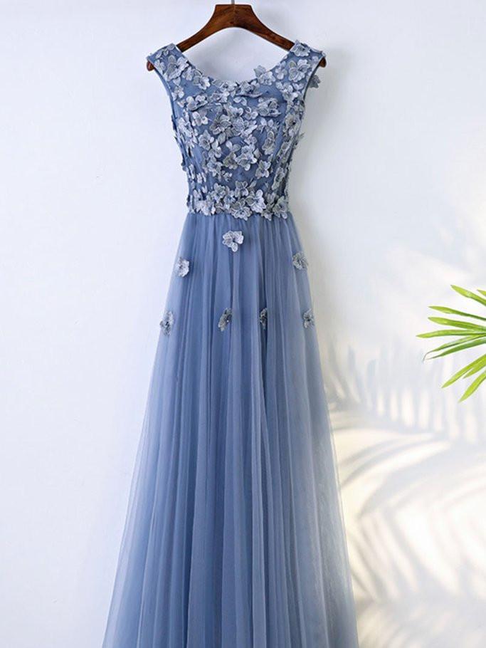 A-line Scoop-neck Floor-Length Tulle Appliqued Beaded Prom Dresses