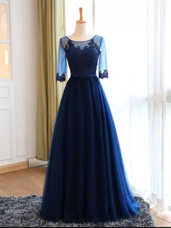 A-line  Scoop Neck  Floor-Length Tulle Appliqued Prom Dresses