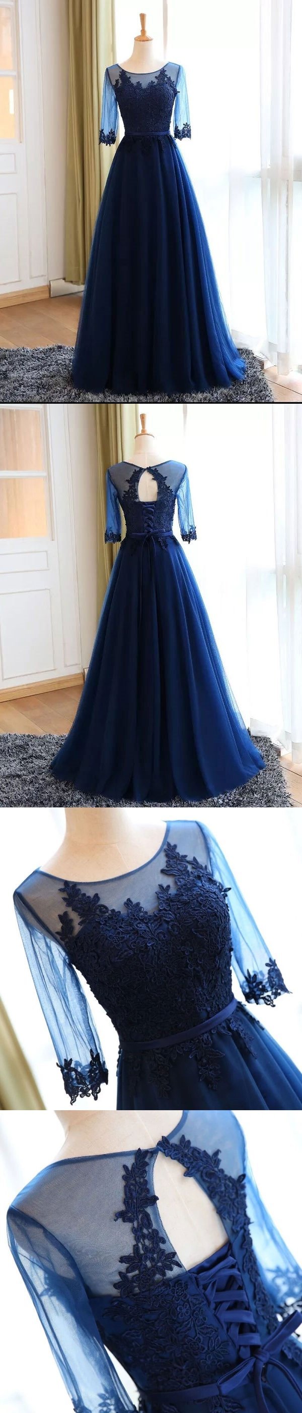 A-line  Scoop Neck  Floor-Length Tulle Appliqued Prom Dresses