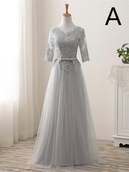 A-line Scoop-Neck Floor-Length Tulle Appliqued Prom Dresses