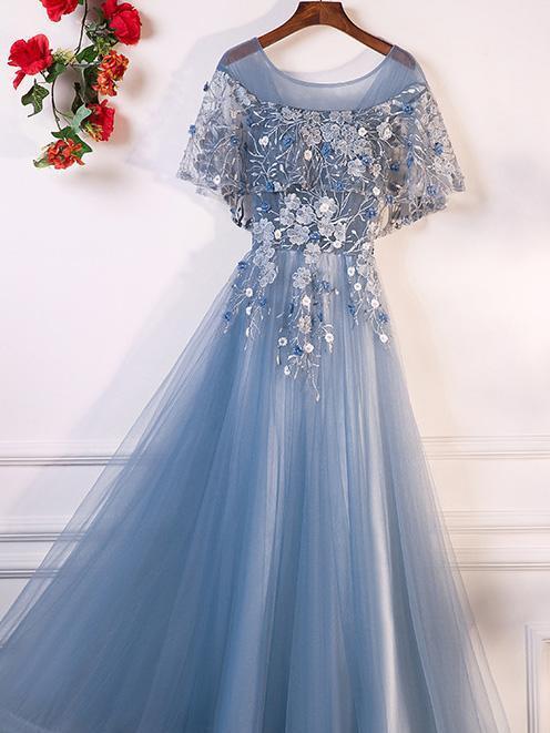 A-line Scoop-neck Floor-Length Tulle Appliqued Prom Dresses