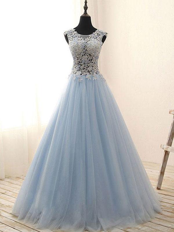 A-line Scoop-Neck Floor-Length Tulle Appliqued Rhine Stone Prom Dress