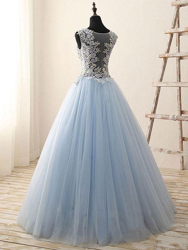 A-line Scoop-Neck Floor-Length Tulle Appliqued Rhine Stone Prom Dress