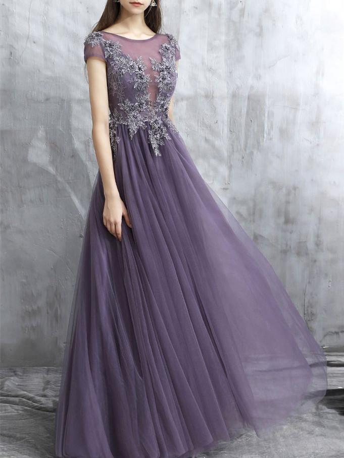 A-line Scoop-Neck Floor-Length Tulle Prom Dresses With Beading